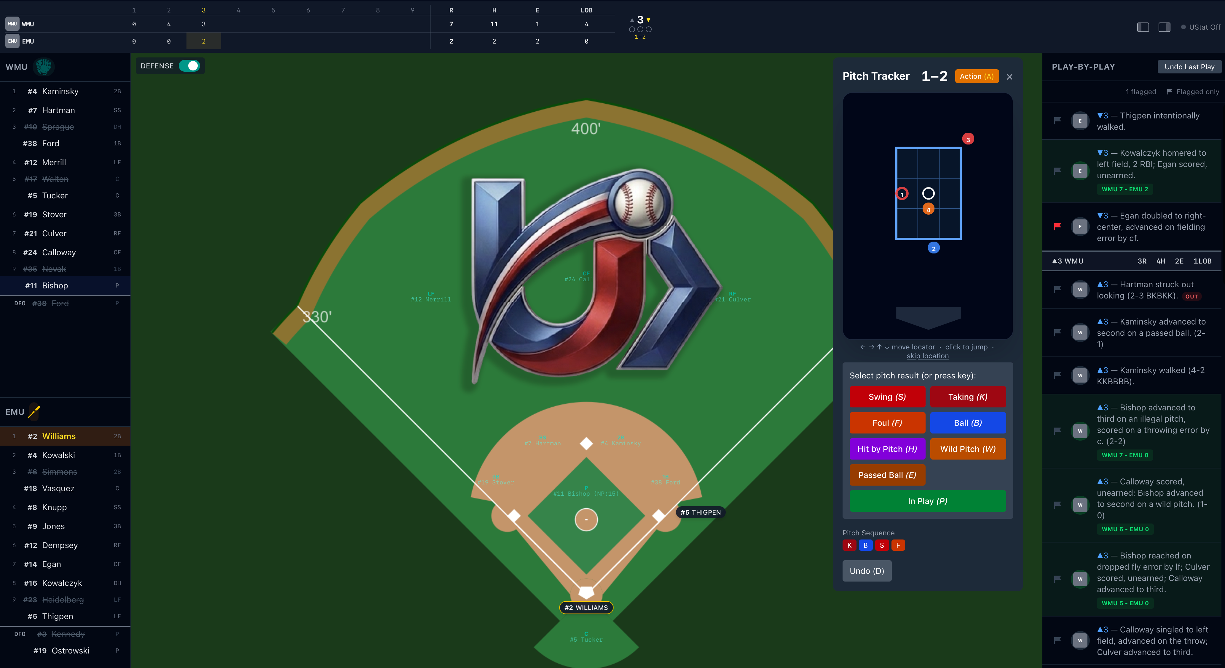 UStat live scoring interface — field view with lineups, scoreboard, and play-by-play log